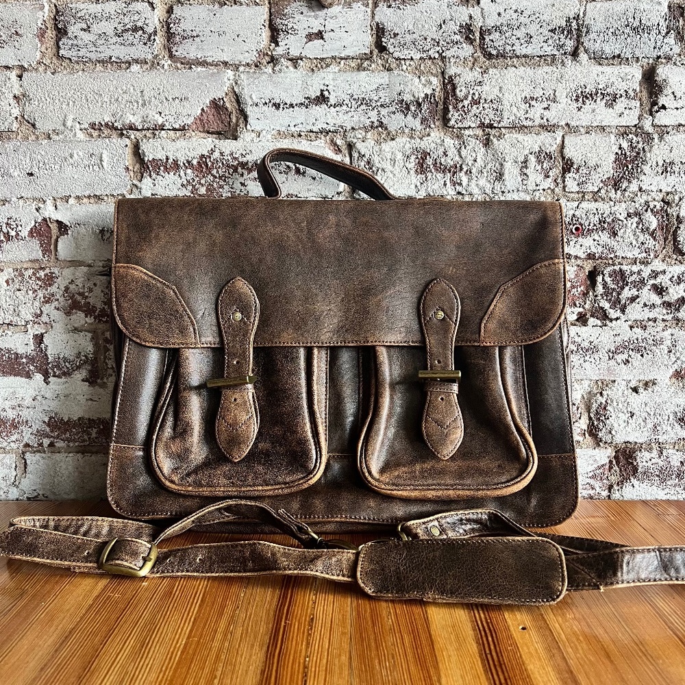 Scully  Leather Satchel Briefcase with Dual Buckle Flap Closure - Antique Brown